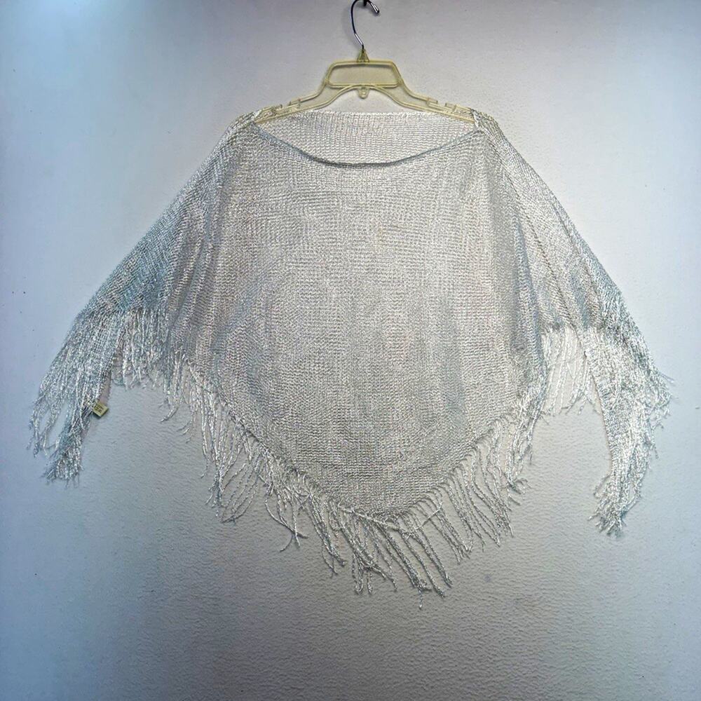 Women Silver white Knit Fringe Shawl Wrap lightweight party glam layering